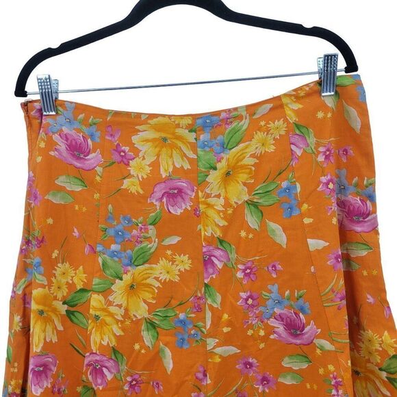 Vintage 90s Skirt 12 Orange Floral Cotton Paneled Tea Length A-line Ruffle Hem - Picture 5 of 10